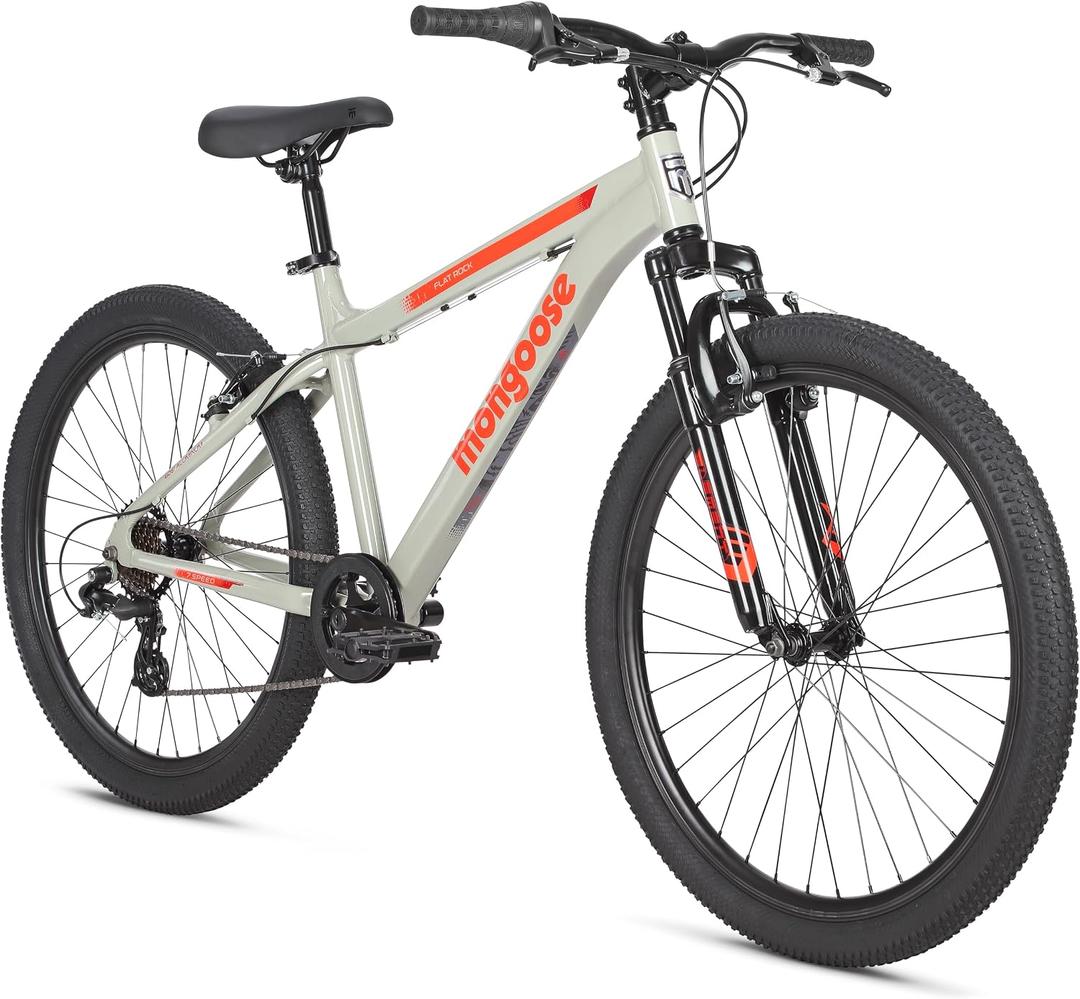 Mongoose Flatrock Mountain Bike, 26 Inch Bike for Men and Women, 7 Speed, Aluminum Frame, Front Suspension Fork for a Smooth Ride, Twist Shifters, Linear Pull Brakes, Adult and Teen Bicycle