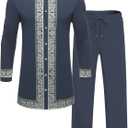 Mens African 2 Piece Set Nigerian Dashiki Metallic Traditional Suit Gold Stamp Printed Shirt and Pants Outfit (Blue, S)