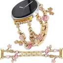 Gold Watch Bands Compatible with Samsung Galaxy Watch 8 40mm/44mm/Classic 46mm, Unique Charms Chain Strap Pandora Bracelet Wristband for Galaxy Watch 8 Classic 46mm Women (Pink Flower+Gold)