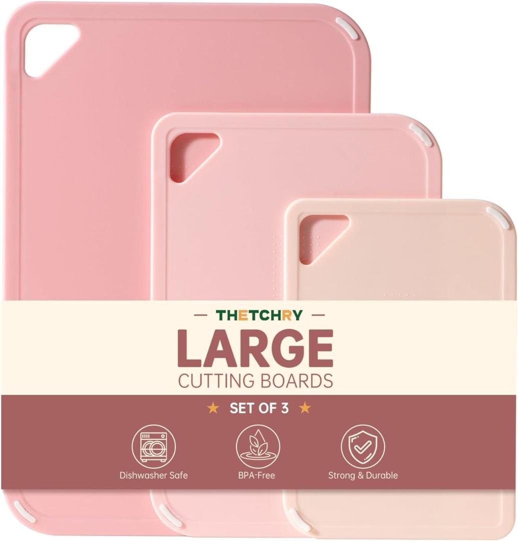 THETCHRY Plastic Cutting Board Set, Pink Cutting Board with Non-slip, Cutting Board for Kitchen Set of 3, Dishwasher Safe, BPA Free, Reversible, with Grip Handle, Pink