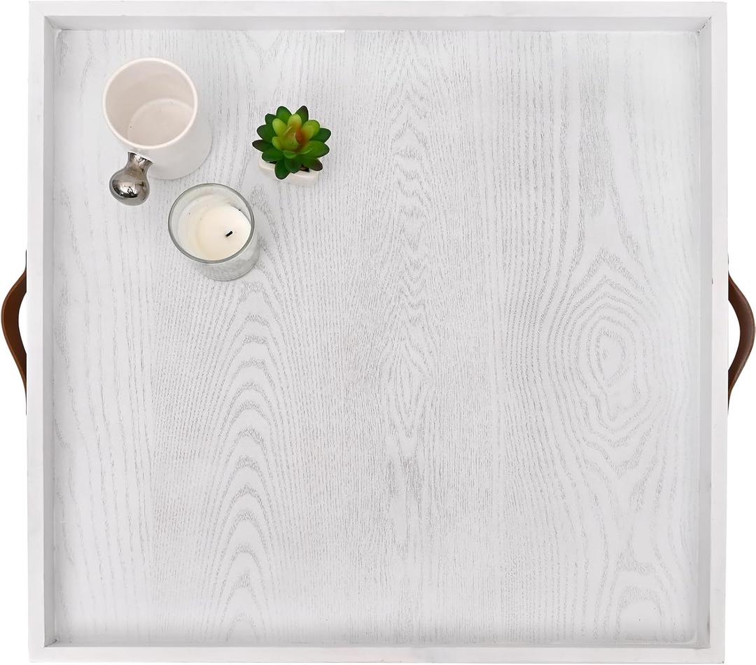 SwallowLiving 24 x 24 Inches Extra Large Square Wood Ottoman Tray with Leather Handles, Wooden Natural (White)