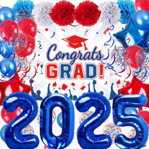 53pcs blue and red balloon banner set 2025, graduation balloon decorations class of 2025 for college high school congratulations graduation party decorations, grad theme party