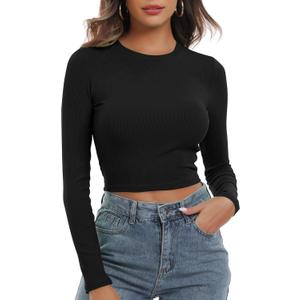 Artfish Women's Round Neck Long Sleeve Knit Ribbed Fitted Crop Top Casual Basic Shirts (X-Large, Black)