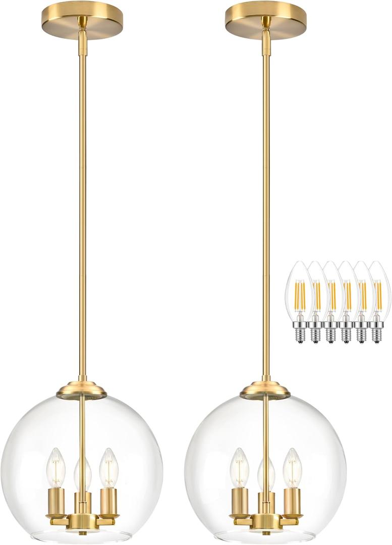 12" Gold Pendant Lights 2 Pack Glass Globe Pendant Light Fixture Bedroom Mid Century Modern Pendant Lighting Brass Pendant Light for Kitchen Island Bedroom Living Room (Bulb Incl.)