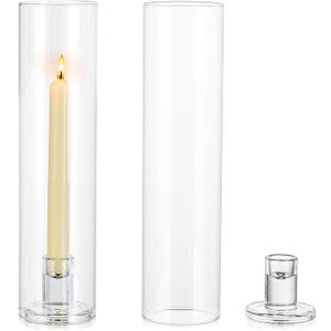 NUPTIO Hurricane Glass Candle Holders: 2 Pcs Candlestick Holder for Taper Candles with Cylinder Covers 11.8 inch Tall Windproof Clear Candlesticks Holder Stand for Wedding Party Christmas Home Decor