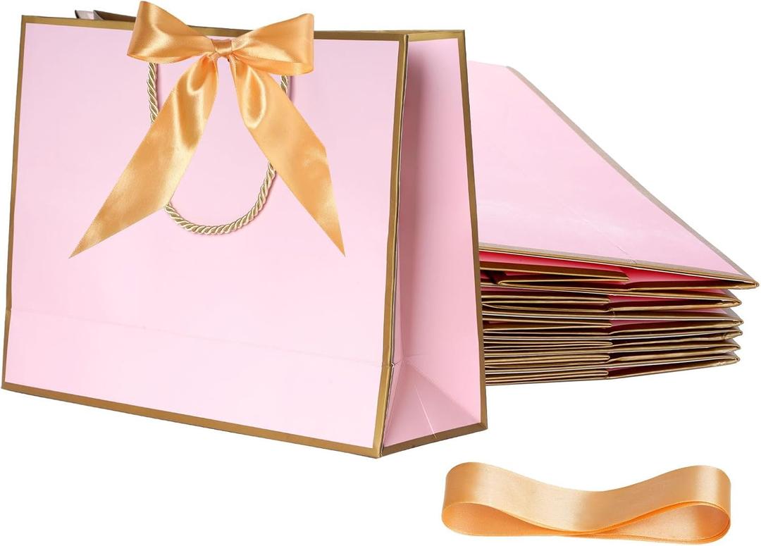 baotongle 6pcs Thank You Gift Bags with Handle Welcome Bags Return Gifts with Bow Ribbon for Wedding Bridesmaid Baby Shower Housewarming Birthday Summer Christmas Vacation(Pink with Gold Edge, 28x20x10cm/11x7.8x4inches)