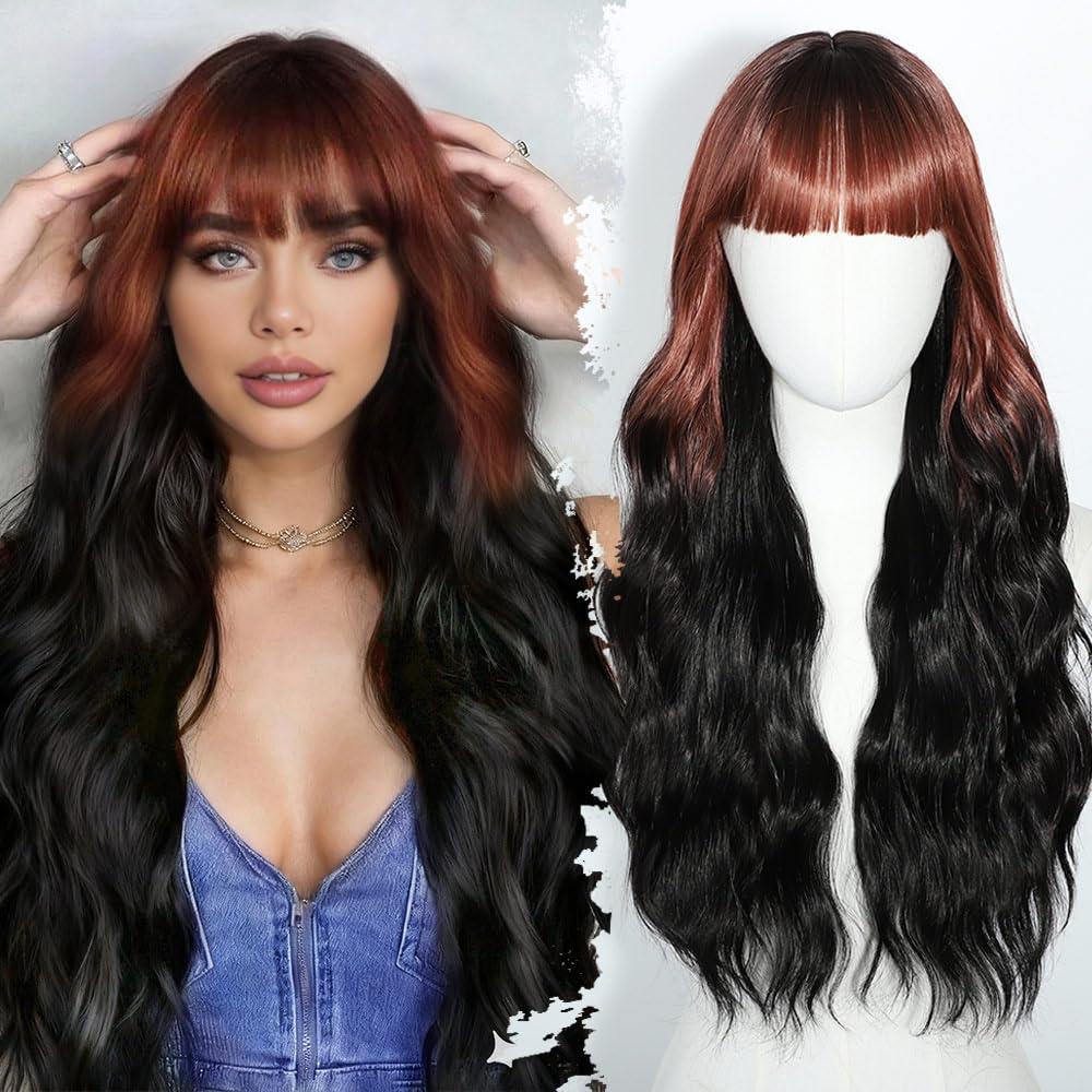 Auburn Ombre Black Wig with Bangs Long curly wavy Wigs for Women Auburn Ombre wigs with Black root Heat Resistant Synthetic wigs for Daily Party Use 26IN