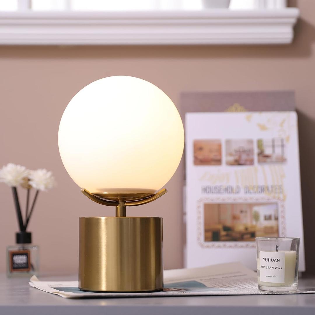 Gold Globe Table Lamp, Mid Century Modern Desk Lamp with Frosted Glass Shade, 10 Inch Round Bedside Lamp with Gold Metal Base for Bedroom Living Room and Table Home Decor