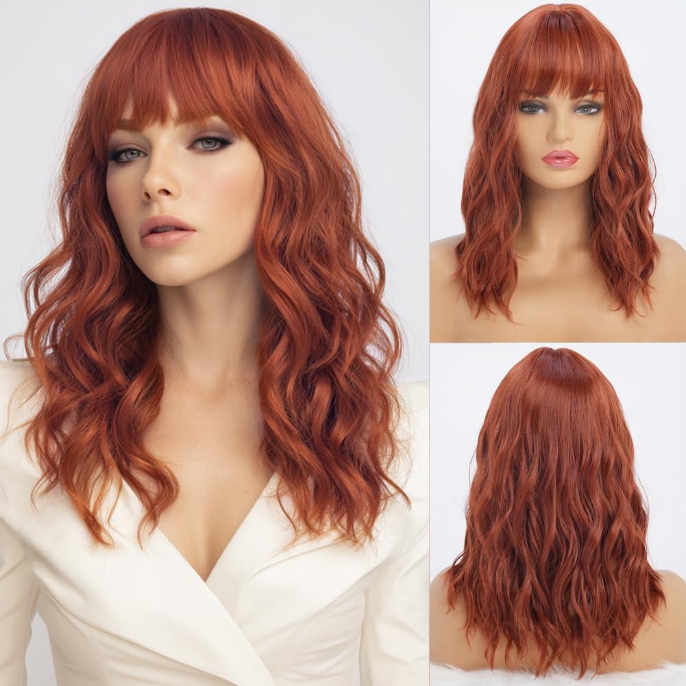 simkaylee Long Wavy Copper Red Wigs with Bangs for Women Synthetic 16 inch Medium Length Wigs with Water Wave Natural Looking Fringe Bang Wig Heat Resistant Hair for Daily Party Cosplay Use (16inch)