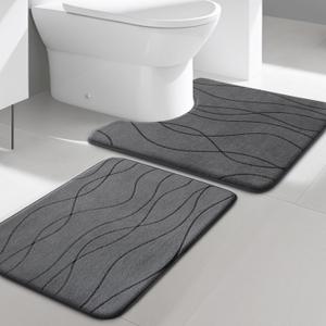 YIHOUSE Memory Foam Grey Bathroom Rug Sets 2 Piece, Ultra Absorbent Bath Mat for Bathroom - Non-Slip Machine Washable & Dry Quickly, 2 Piece Bathroom Mat Set, Dark Grey (1'5" x 2')