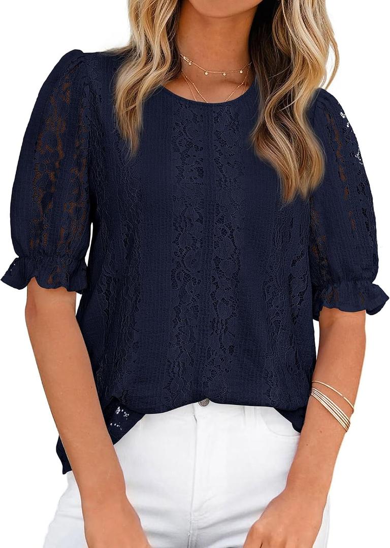 KIRUNDO Lace Tops for Women Trendy 2026 Eyelet Floral Summer Clothes Short Puff Sleeve Spring Blouse Cruise Vacation Outfits (Blue, S)