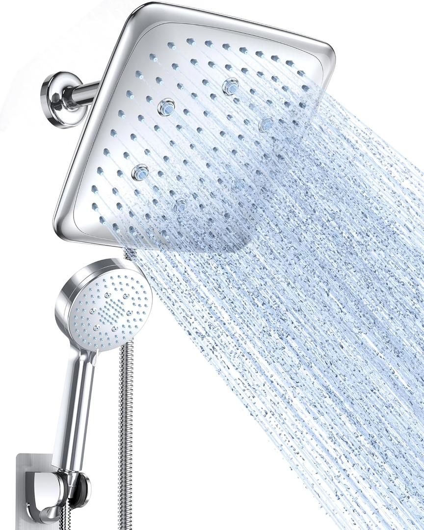 Veken 9 Inch High Pressure Rain Shower Heads with 3 Modes and 5 Modes Handheld Spray Combo- Wide Square RainFall shower with 70" Hose - Adjustable Dual Showerhead with Anti-Clog Nozzles-Chrome