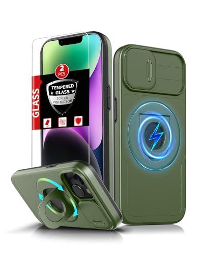 FRLMOOES for iPhone 13 Case/for iPhone 14 Case Magnetic Compatible with MagSafe Wireless Charging, with 2 Screen Protectors, with Kickstand Ring+Camera Cover Shock-Absorbent Heavy Duty Protection Green