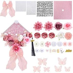 Jollyboom Graduation Cap Decorations 2026, Nursing Graduation Decorations Cap Topper DIY Craft Assorted Flowers Butterfly Stickers Pink Bow Trim Gold 2026 Pendant for Nurse Party Graduation