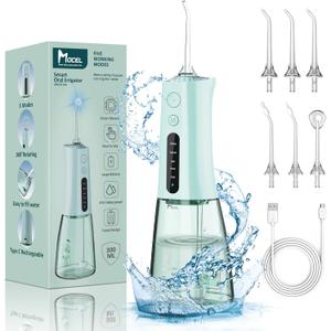 Water Dental Flosser OLED Display Cordless Teeth Cleaning MOCEL 5 Modes Oral Irrigator 300ML Portable and USB C Rechargeable IPX7 Waterproof Floss Teeth Pick (Green)