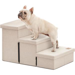 Love's cabin Dog Stairs for High Bed 18" H, Foldable Pet Stairs for Small Medium or Large Dogs Puppy with Storage for Bed or Couch, Cat Dog Steps Ramp with Zip up to 200 lbs, Beige, 3 Steps