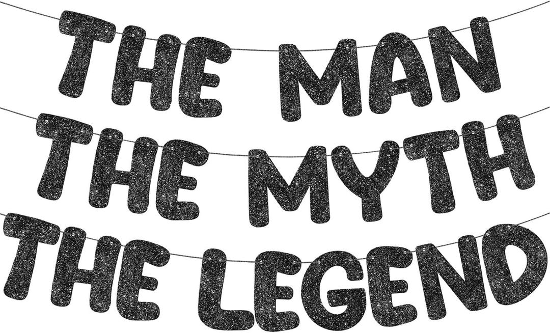 FuWeave Pre Strung The Man The Myth The Legend Glitter Banner Men's Birthday 9.8 ft Banner Birthday Party Decorations Bachelor Party Retirement Party Garland Bunting for Men Gifts (Black)