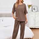 JiniGolla Womens Pajama Sets Waffle Knit Short Sleeve Shirt with Long Pajama Pants Soft Sleepwear Pj Lounge Sets (Brown, M)