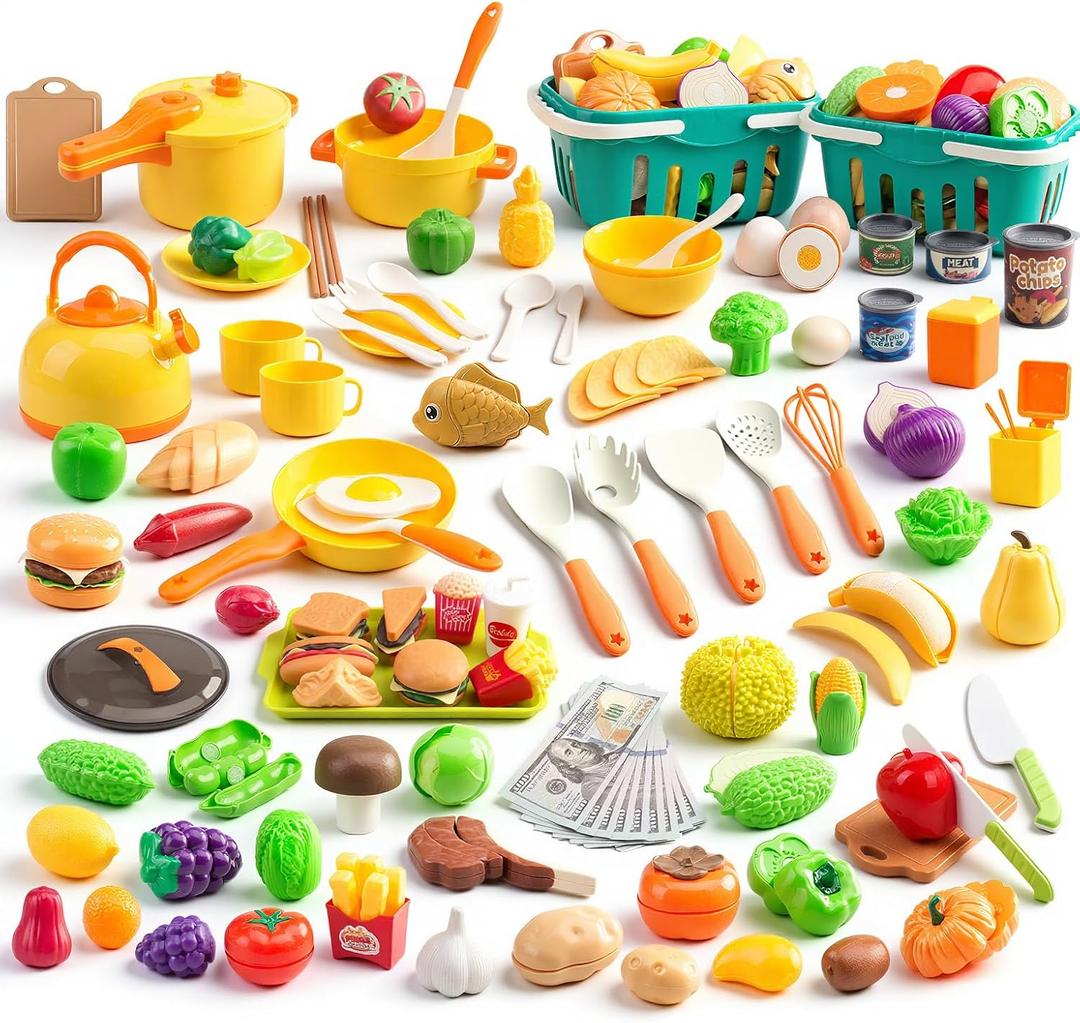 200Pcs Mini Play Kitchen Accessories for Kids, Pretend Cooking Playset with Cookware, Tableware & 2 Fruit Sets, Learning Gift for Girls, Boys, Toddlers, Yellow