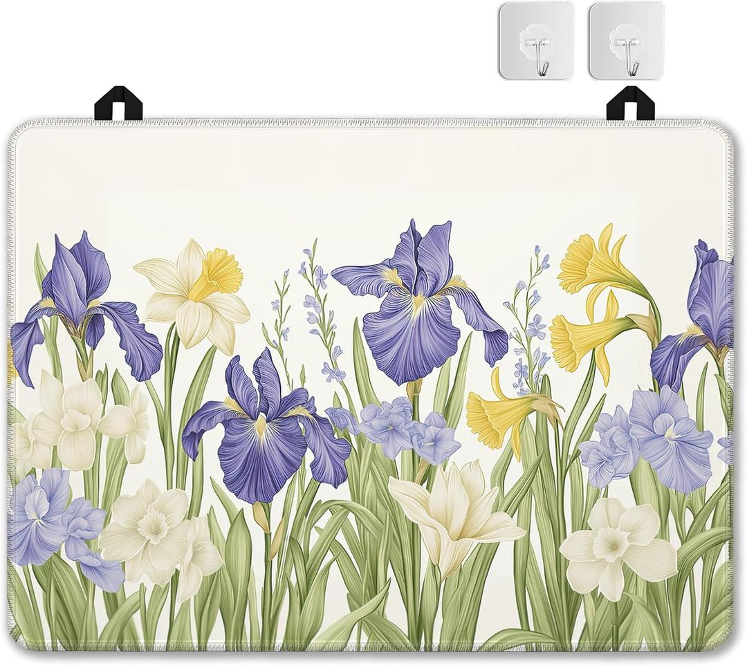 Watercolor Iris Flower Glass Top Stove Cover Protector,Spring Floral Stove Top Covers for Electric Stove,Washable Heat Resistant Cooktop Mat Anti-Slip Range Covers, 28 x 20 Inch