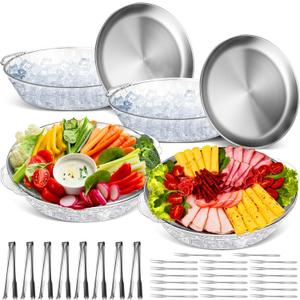 Baderke 4 Sets 11.8" Chilled Serving Tray for Parties Round Iced Platter with Ice Underneath Stainless Steel Clip Fruit Fork Shrimp Cocktail Serving Dish for Oysters Crawfish Fruits (Original)