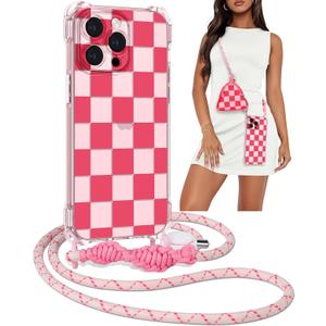 Likiyami for iPhone 15 Pro Max Case - Women Girls Cute Card Holder Crossbody Phone Cover with Pouch Checkered Girly Pretty Aesthetic Adjustable Strap Soft TPU Protective for Apple 15 Pro Max Cases (Pink Plaid)