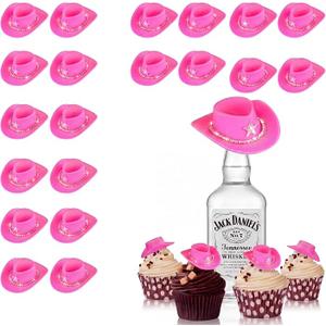 Silipull 20 Pcs Mini Pink Cowboy Hats with Rhinestones, Plastic Tiny Cowgirl Hat, Crafts, Western Party Decor, Cupcake Toppers
