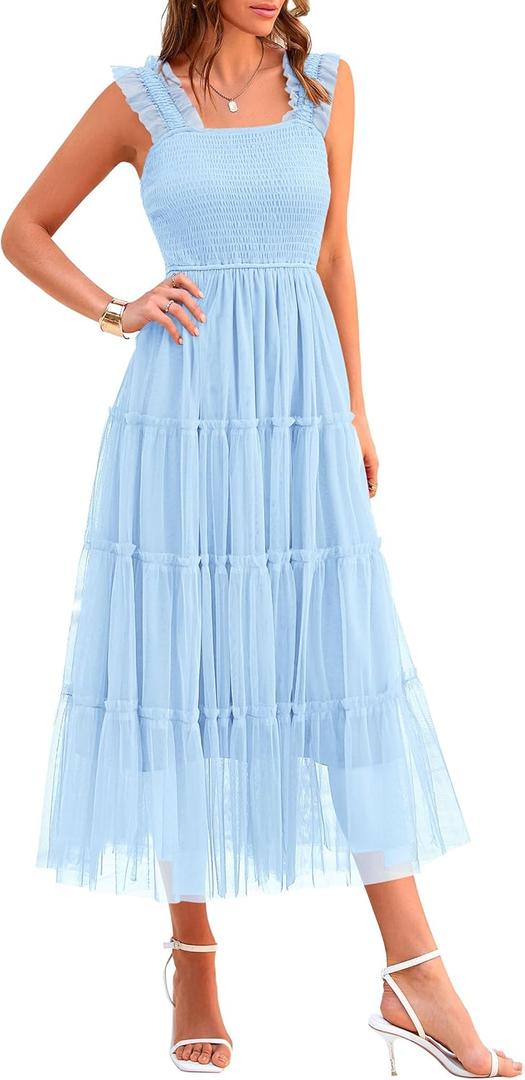 PRETTYGARDEN Women's Summer Tulle Midi Dress Sleeveless Smocked Ruffle Mesh Flowy Dresses Party Wedding Guest Sundress (Large, Light Blue)