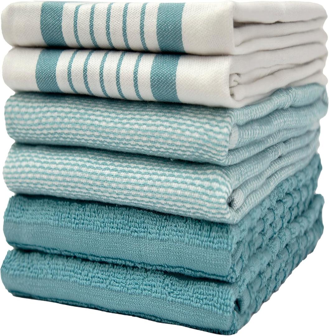 Premium Kitchen Towels (20x 28, 6 Pack) | Large Cotton Dish Towels | Flat & Terry Highly Absorbent Kitchen Linen Set with Hanging Loop | Aqua