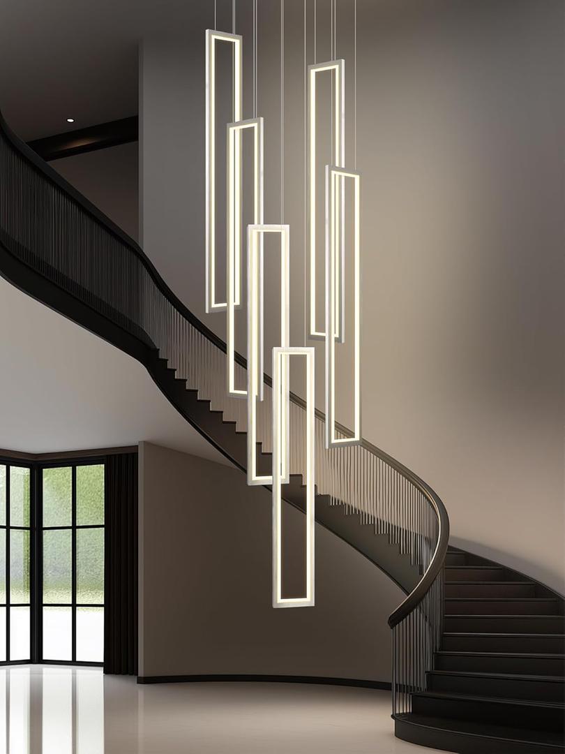 Flashing God Modern Chandelier,6 Ring Led Foyer Chandeliers,Larger High Ceiling Chandelier for Living Room,Rectangle Chandeliers for Entryway Staircase LED Dimming 2700k-6000k (Silver)