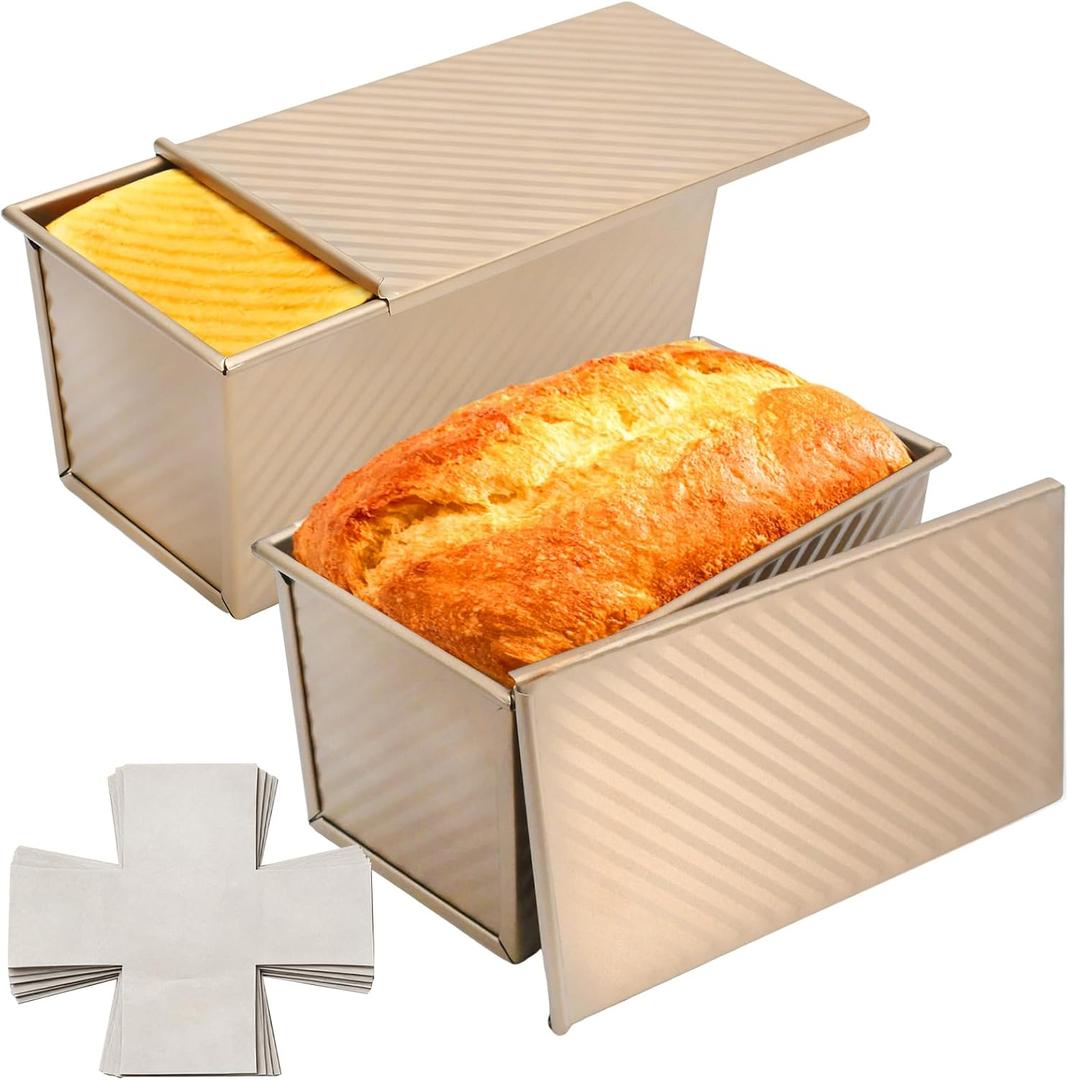 2 Pcs 450g Loaf Pan With Lid and 50 PCS Release Paper, Non-stick Aluminium Alloy Bread Moulds, Suitable for Home Baking, Restaurants and Baking Enthusiasts