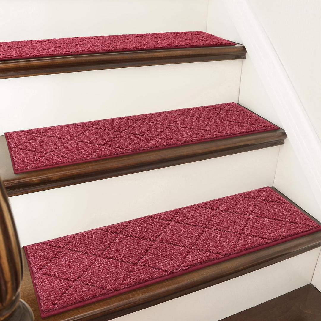 COSY HOMEER Edging Stair Treads Non-Slip Carpet Mat 28inX9in Indoor Stair Runners for Wooden Steps, Edging Stair Rugs for Kids and Dogs, 100% Polyester TPE Backing (15pc, Red)