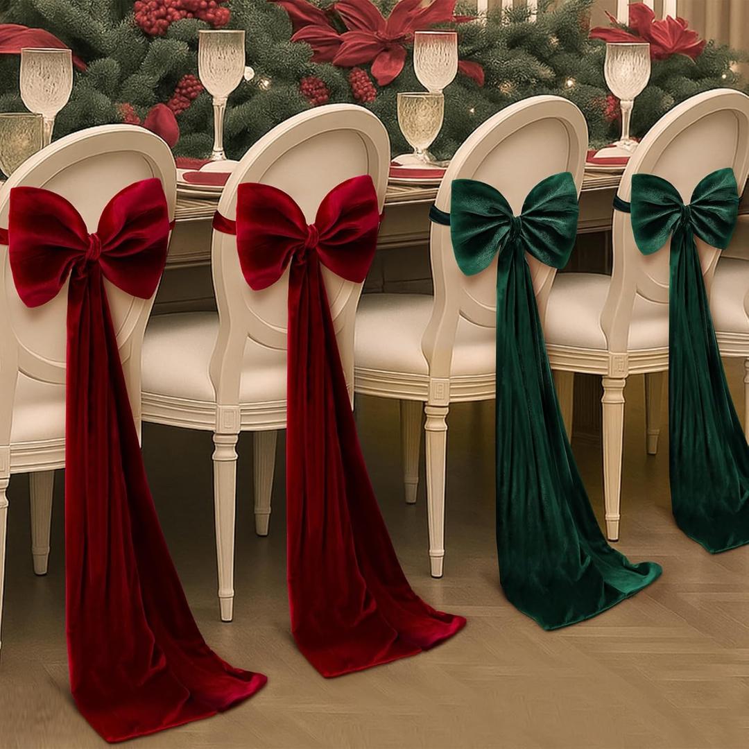 2 Pcs Velvet Chair Bows Sashes 12 x 43 Inch  Green Velvet Bows Chair Covers for Wedding Birthday Party Christmas Dining Room Elegant Ribbons Tie Bands Decoration