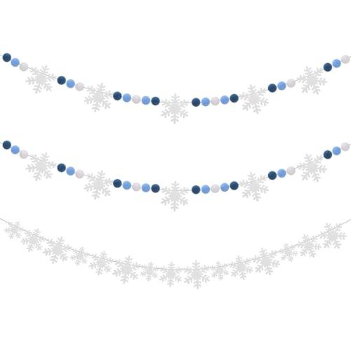 Leinuosen 3 Pack 6 ft Snowflake Garland Winter Felt Ball Garland Blue White Pom Balls Banner Cute Snowball Snowflake Christmas Felt Banners Ornaments Hanging String for Home Room Decor Holiday Party