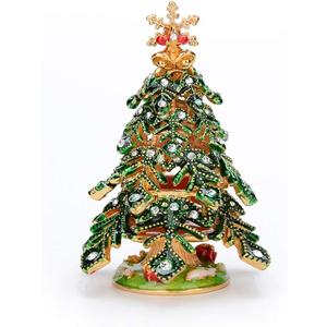 QIFU Hand Painted Enameled Small Christmas Tree Decorative Jewelry Trinket Box with Hinged, Unique Gift for Family