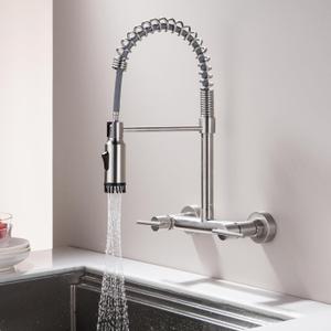 Black Wall Mount Kitchen Faucet, SUBEIXI 2 Handle 8 Inch Center Wall Mounted Kitchen Faucets with 3 Functions Pull Down Sprayer
