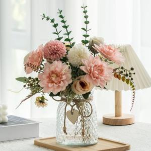 Fake Flowers with Vase,Faux Flowers in Vase for Home Decor,Silk Pink Dahlia Artificial Flowers with Vase for Coffee Table Decor,Living Room Bathroom Plant Decor, Centerpiece Table Decorations