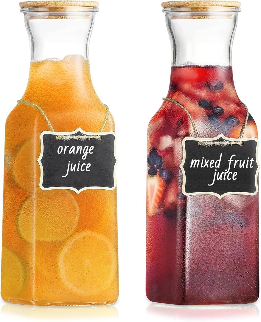 35 Oz Square Glass Carafe with Bamboo Lid, Beverage Dispensers, Mimosa Bar Supplies, Clear Glass Pitcher with Name Labels for Iced Tea, Coffee, Juice (Pack of 2)