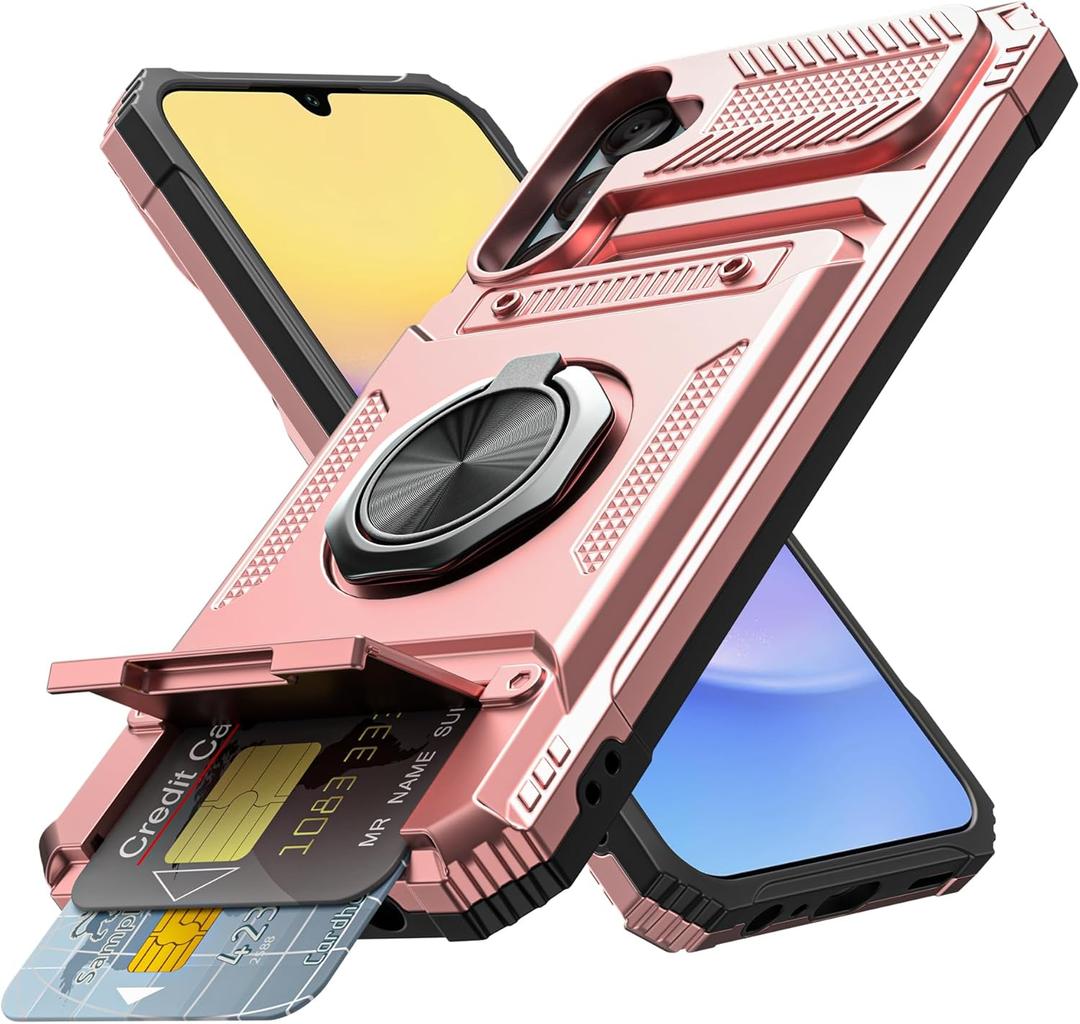 Vofolen for Samsung Galaxy A15 5G Phone Case with Card Holder [Store 2 Cards] + 360 Rotated Ring Holder Kickstand Heavy Duty Shockproof Wallet Phone Case for Samsung Galaxy A15 5G, Rose Gold