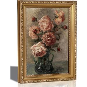 Framed Vintage Gold Ornate Blush Pink Roses Canvas Wall Art, Green Vase Bouquet French Country Rustic Still Life Oil Painting Poster Print, Wall Decor Artwork for Living Room Bedroom Home Decoration (16"L x 12"W)
