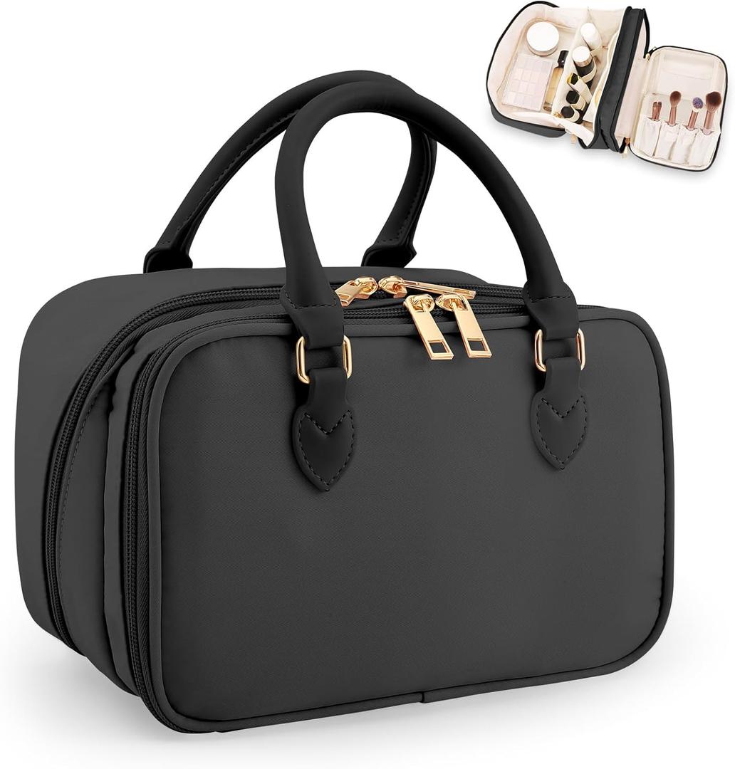 Travel Makeup Bag for Women Fashion Large Capacity Pouch Open Flat Cosmetic Portable Organizer Waterproof Large Opening Storage Toiletry Bags Vertical Free-Standing Brush Holder for Easy Access Black