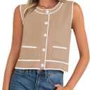 PRETTYGARDEN Vest For Women 2025 Summer Casual Button Down Color Block Sweater Vest Ribbed Knit Tank Tops With Pockets (Beige, M)