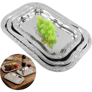 3Pack Silver Serving Trays Set,Vintage Floral Engraved Mirror Decorative Tray,Silver Platter Tray for Whiskey, Cookies, Charcuterie, Snacks, Desserts, Fruit, Party Food Display
