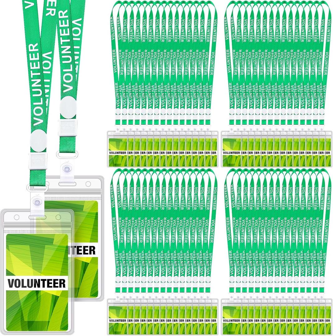 100 Sets Green Volunteer Lanyards with ID Badge Holder, Breakaway Work Badge Lanyard with Plastic Buckle for School, Church Fundraising Event Staff