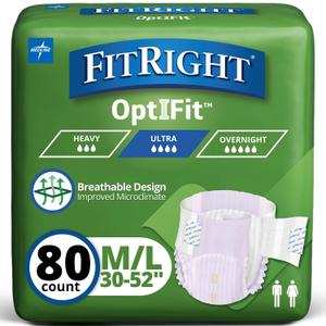 FitRight Stretch Ultra Adult Briefs, Incontinence Diapers with Tabs, Heavy Absorbency, Medium/Regular, 30 to 52", 20 Count (Pack of 4)