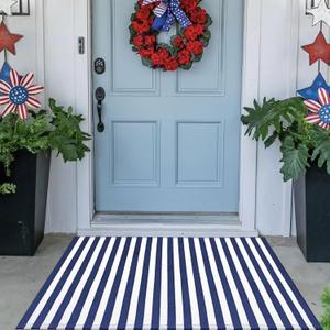 CAINANEL Blue and White Striped Rug 4th of July Door Mat Summer Front Porch Rug Independence Day Welcome Doormats for Farmhouse Entrance Porch Outdoors Decor(Blue and White, 24'' x 35'')