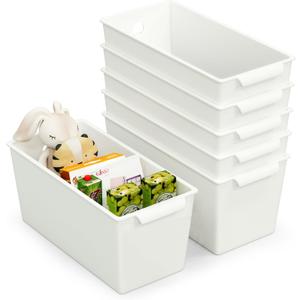 Plastic Storage Bins 6 Pack, Front Handle Design, 11"x5" Pantry Organization and Storage Open Top Baskets for Shelves Closet Cabinet Sink Counter Cupboard Drawer Rridge (White)