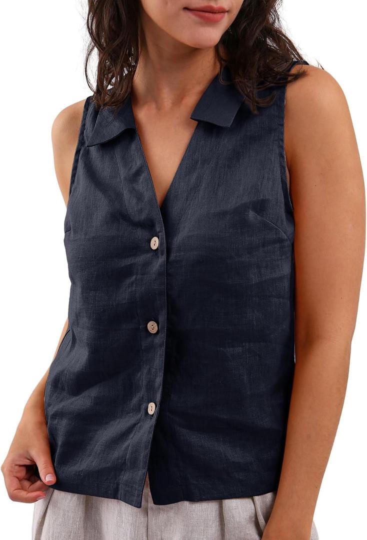 Amazhiyu Women's 100% Linen Summer Sleeveless Button-Down Tops Slight Crop Vest (Dark Blue), Size: L