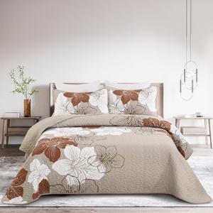 DJY 3-Piece Quilt Set - California King Taupe Boho Floral Pattern Quilt Coverlet Set with 2 Pillow Shams - Lightweight Bedding for Adults (Taupe, 106"x96")