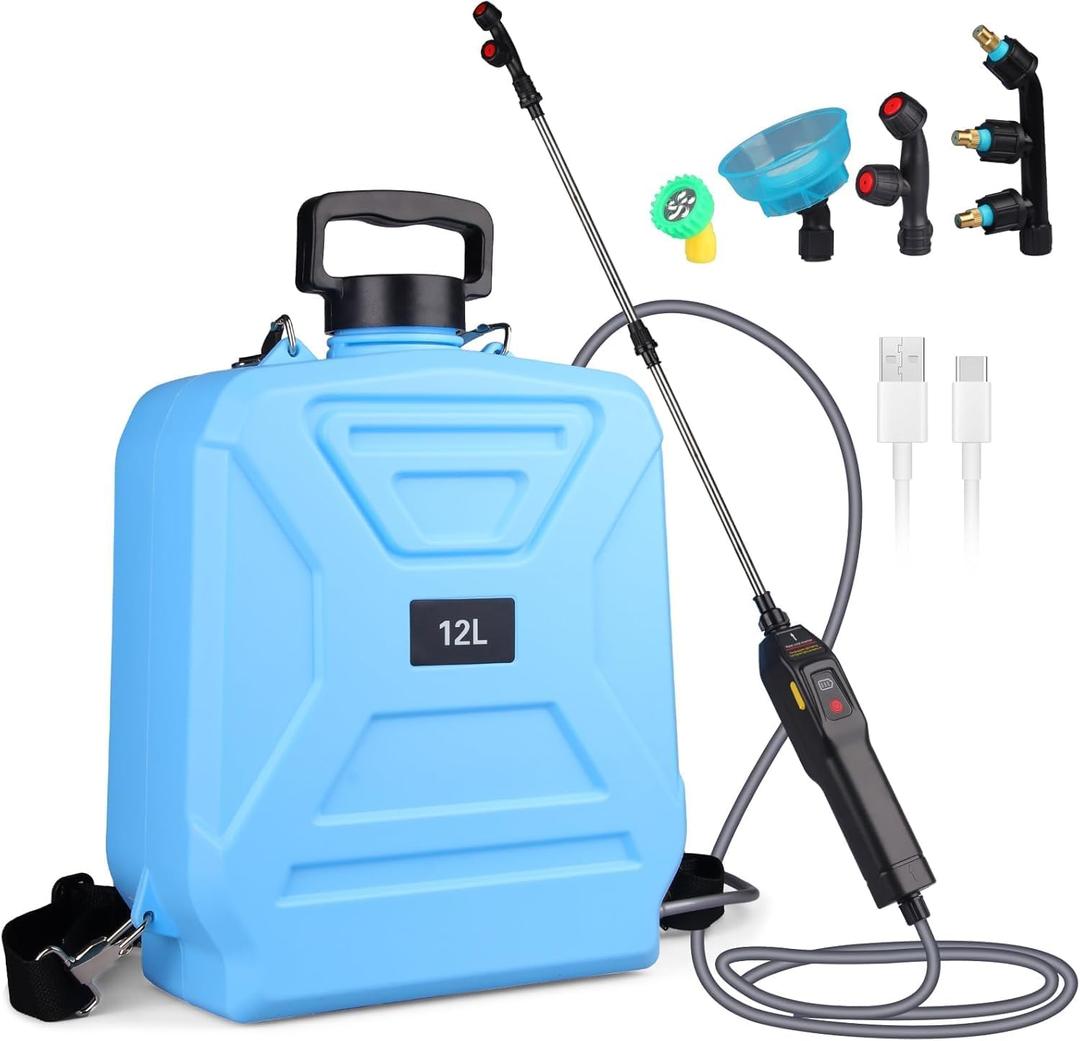 Battery Powered Garden Sprayer 3.2 Gallon Electric Pump Backpack Sprayer with USB Rechargeable Handle, Telescopic Wand, Adjustable Strap and 4 Mist Nozzles for Yard, Lawn, Cleaning (Blue, 12 L)